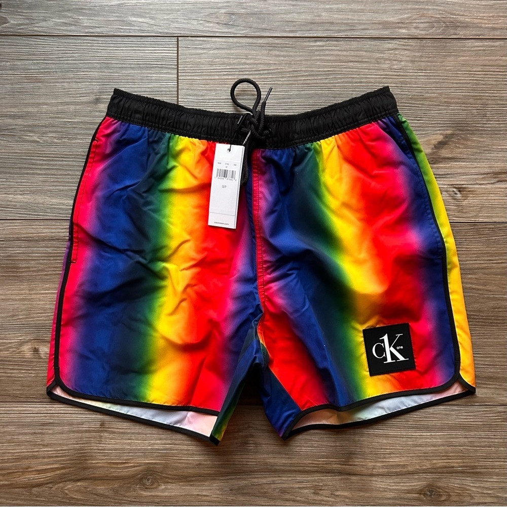 Calvin Klein | Festival Swim Shorts in Silver Cloud Aluminum Rainbow (Small)